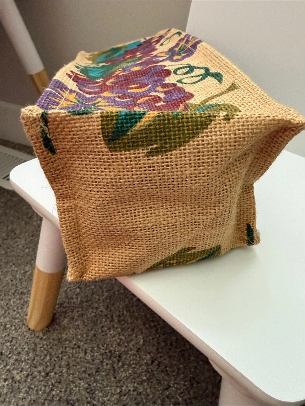 Hand-Painted Burlap Wine Tote with Wooden Handles -  reusable Grapes